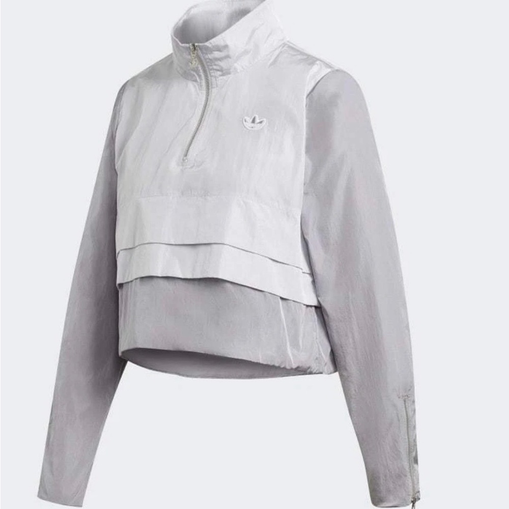Adidas Track Jacket Womens S Gray Belista Cropped 1/4 Zip Trefoil Tiered Ruffle